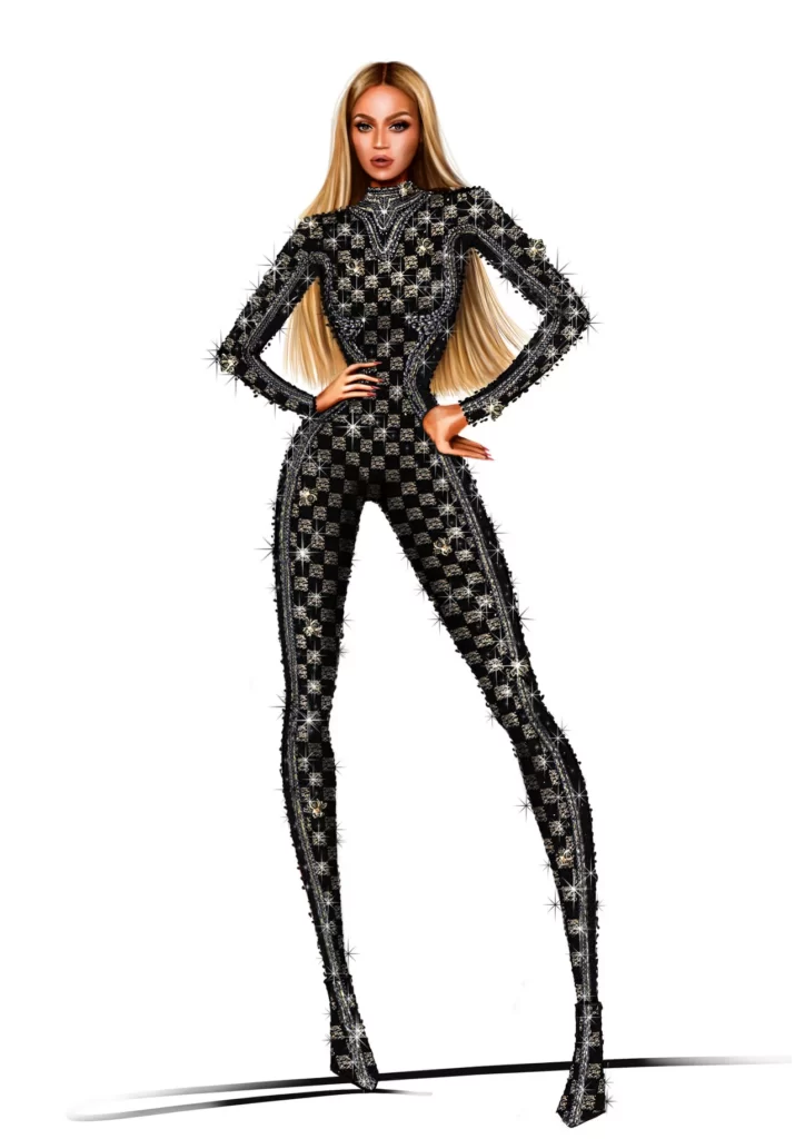 En color negro y cristales es como Pharrell diseña un jumpsuit ceñido al cuerpo que sigue perfectamente con la estética que caracteriza a Queen B en sus conciertos.