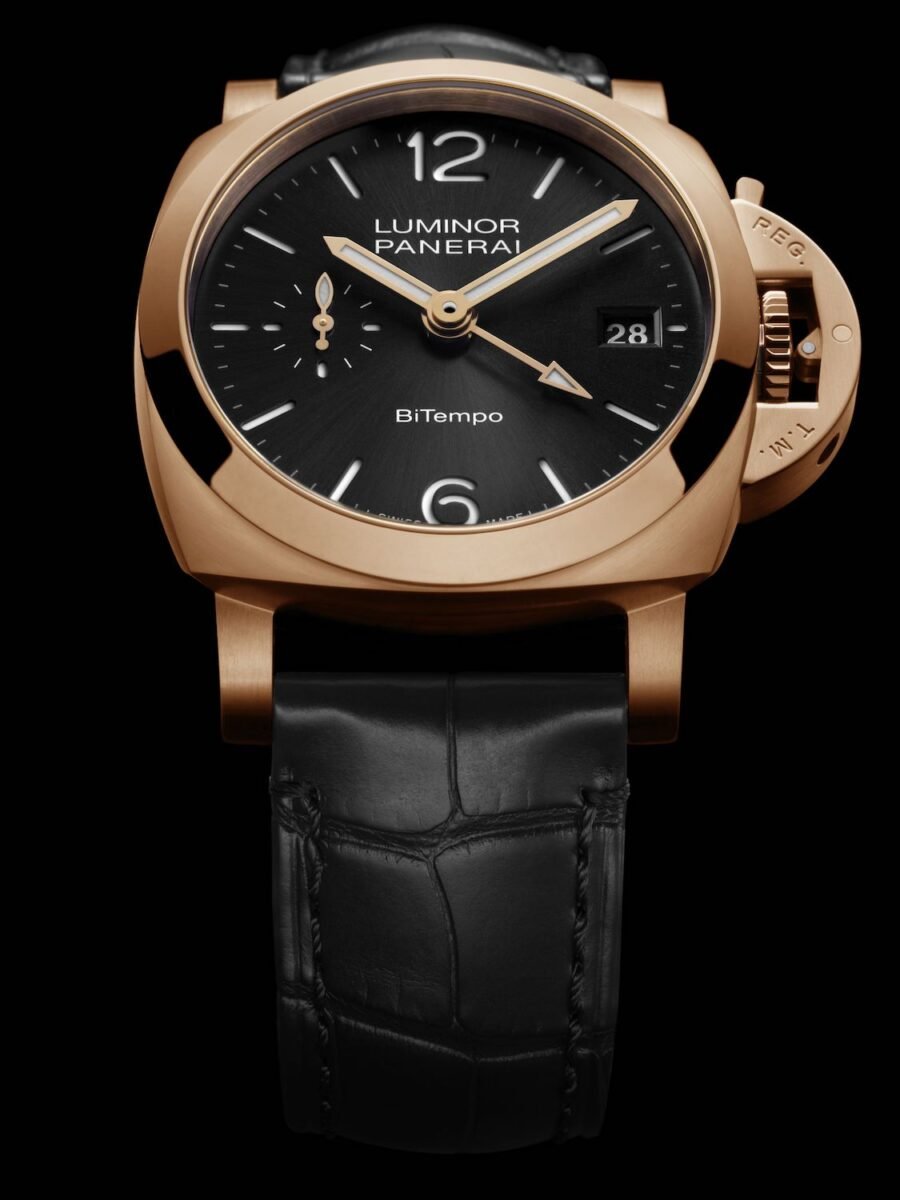Reloj Panerai Luminor Quaranta BiTempo Goldtech con correa negra
