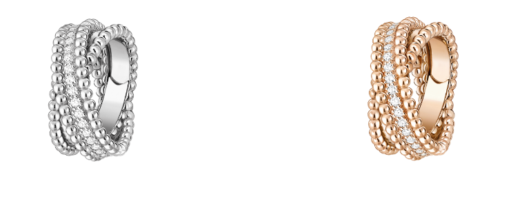 Una geometría alegre de anillos en oro blanco y dorado. 