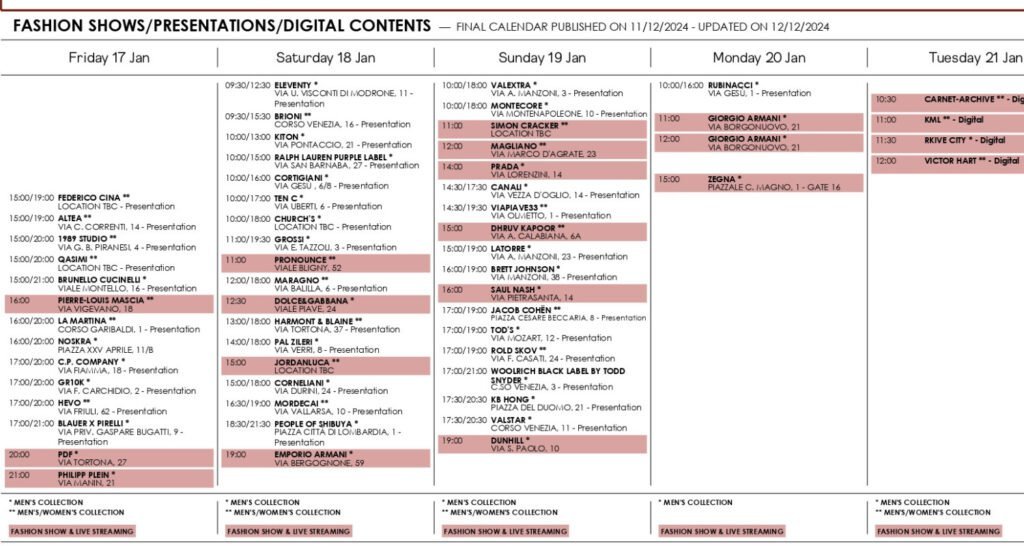 Calendario oficial de la semana de la moda masculina de Milan 2025/2026.