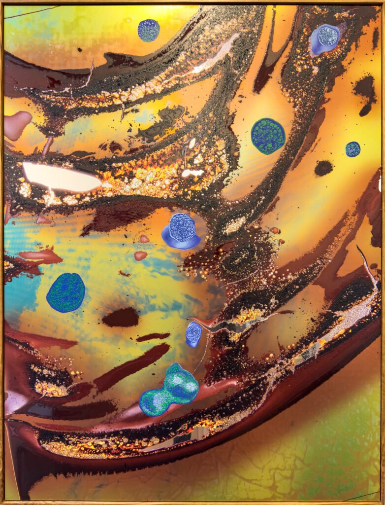 Jonah Freeman, Detalle de SPIDER WAVE (THE BIOMORPHS ON THE STUDIO LOT),
Óleo, barniz y tinta UV sobre aluminio pulido con marco del artista, 123.2 x 92.7 cm, 2024–2025. Cortesía del artista.